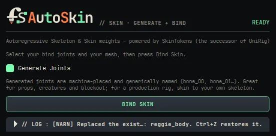 The AutoSkin panel: Bind Skin button and the Generate Joints checkbox