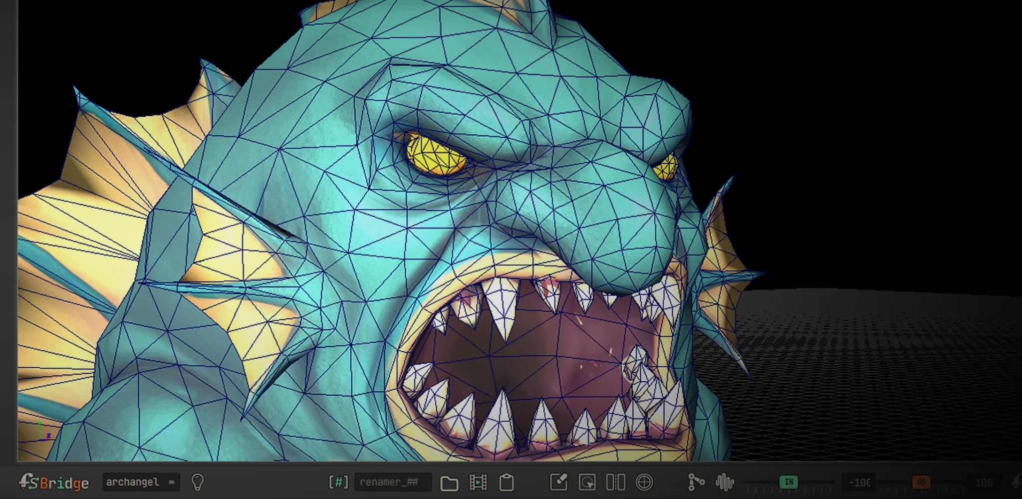 The Bridge toolbar docked under a wireframe character in Maya