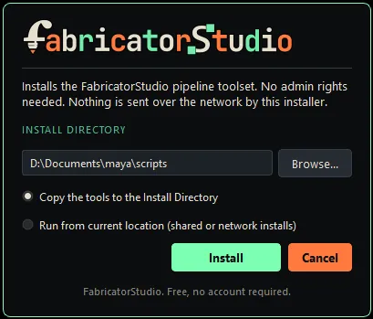 The FabricatorStudio installer window: install directory, the two install modes, and the Install button