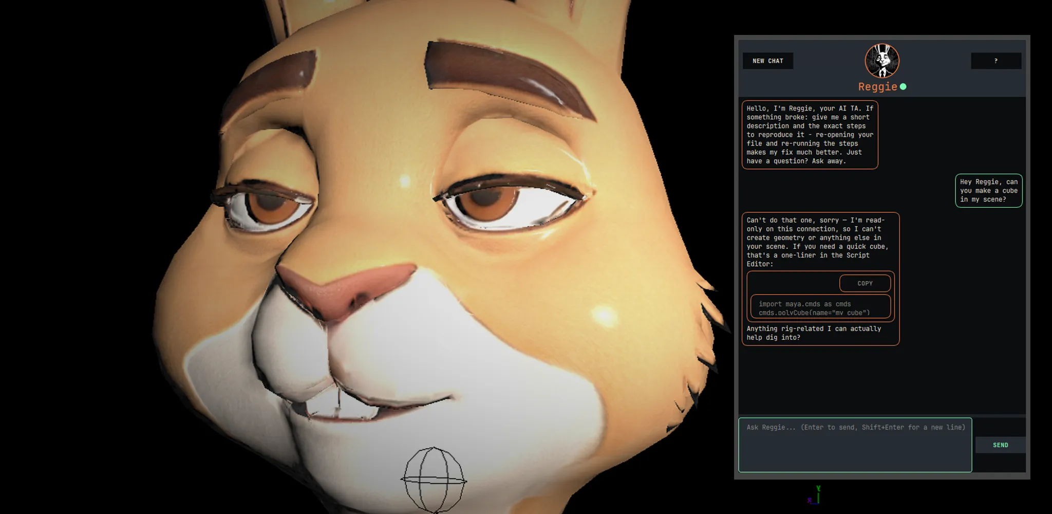 Reggie, the AI TA, answering a question in a docked Maya chat panel