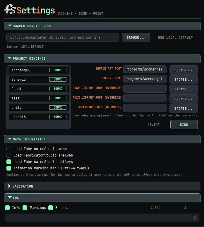 The FabricatorStudio Settings window: shared configs root, project bindings, and Maya integration