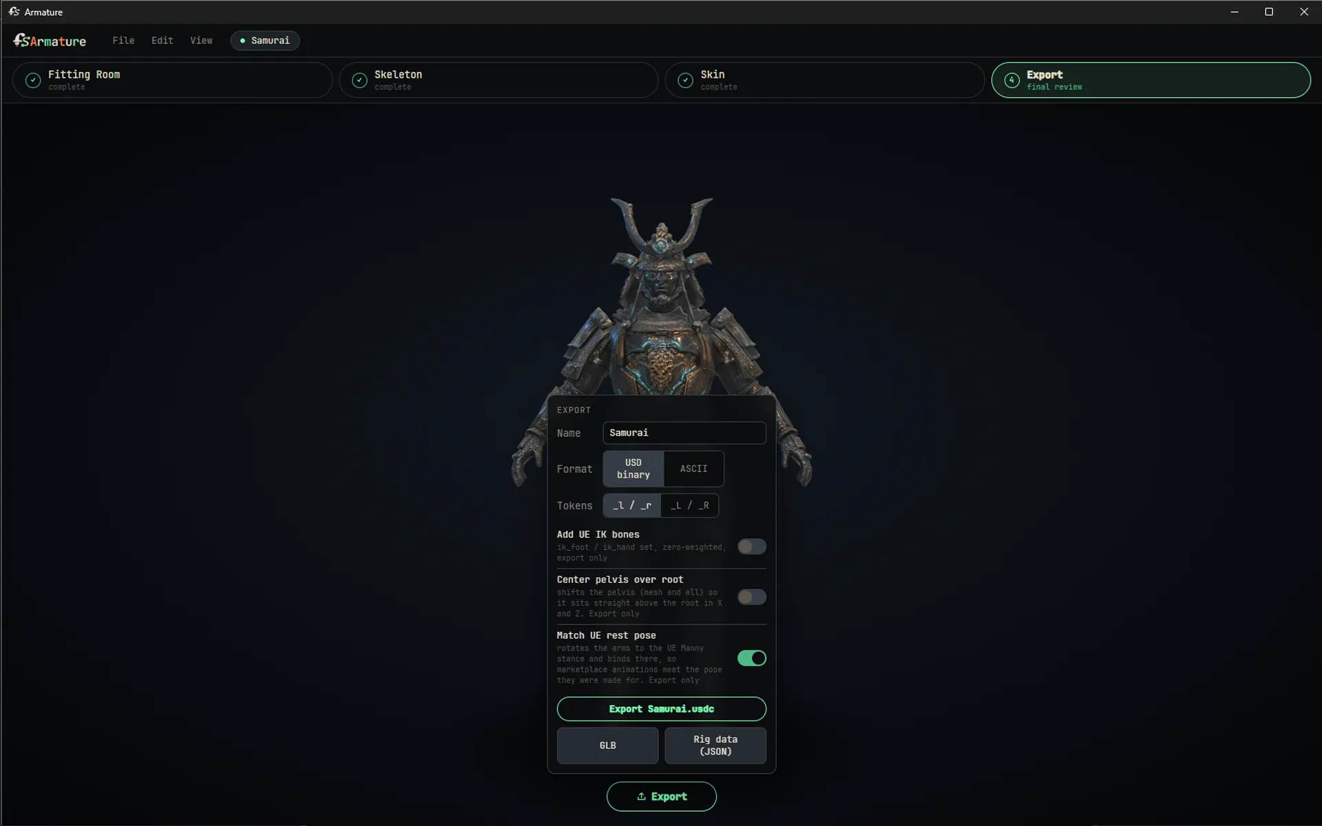 The Export panel in Armature, writing a single USD file for a samurai character