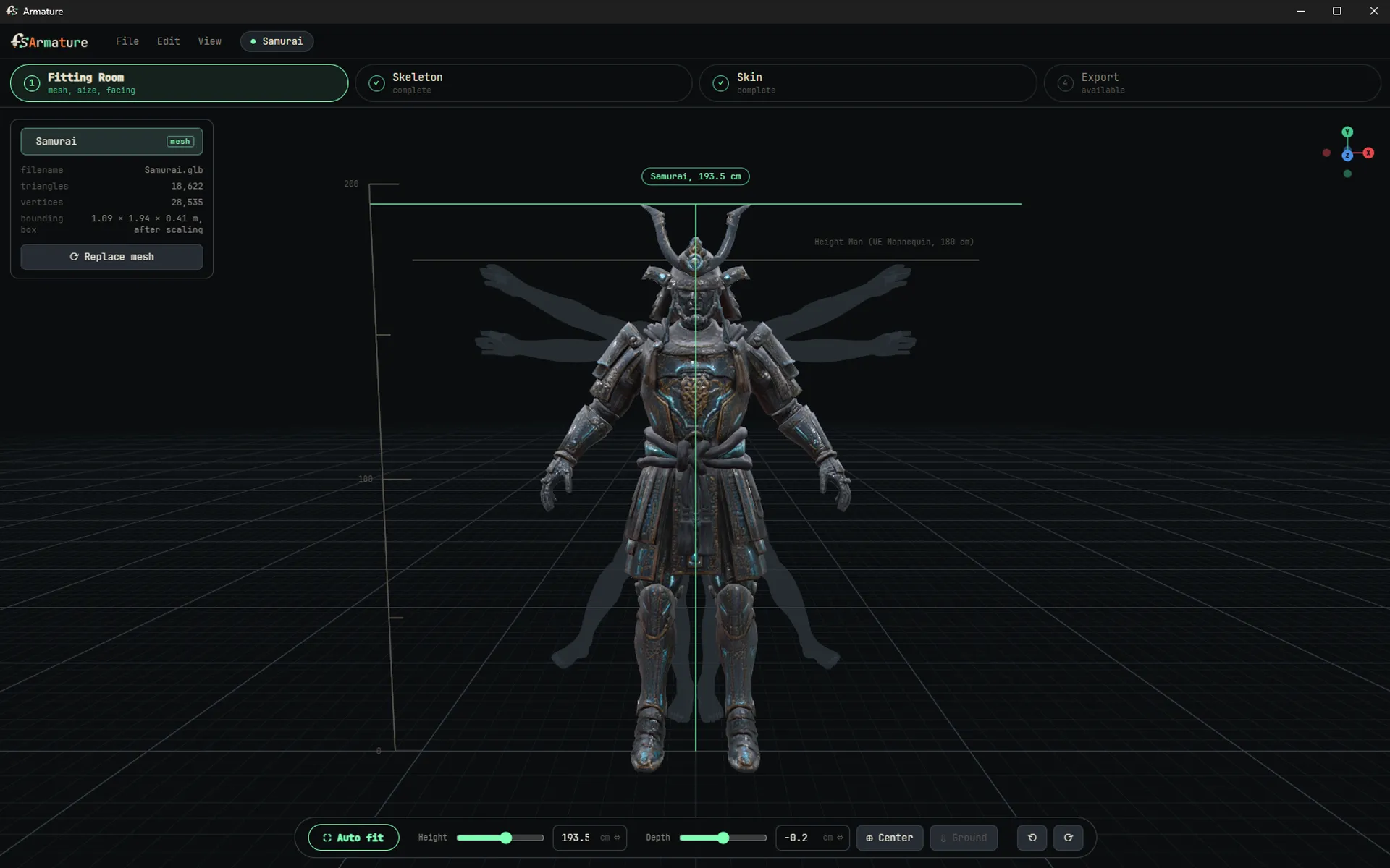 The Fitting Room in Armature, sizing a samurai character against a height reference