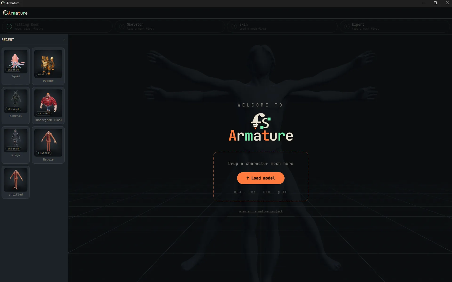 The Armature start screen, with recent characters and a drop target for a character mesh