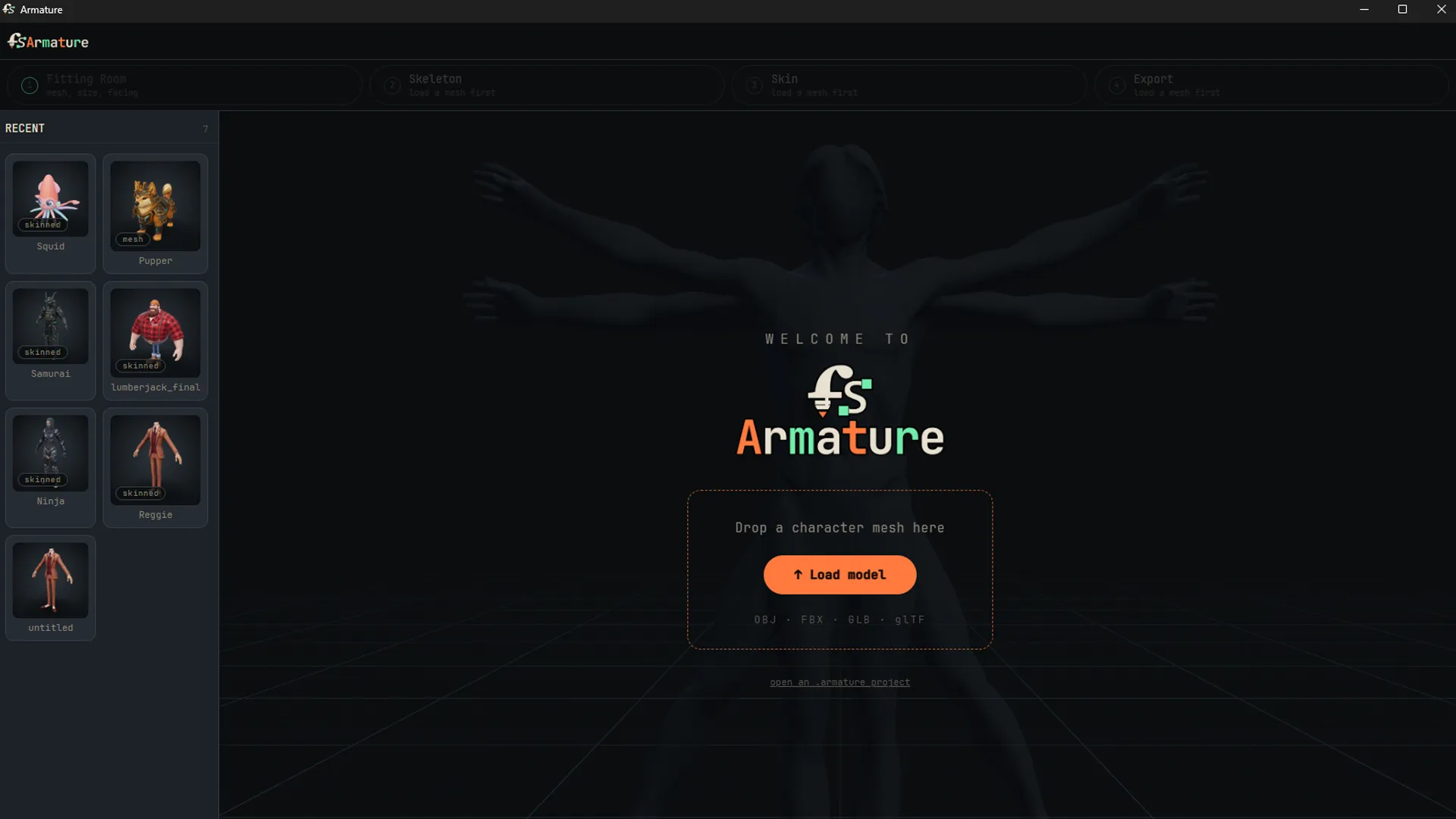 The Armature start screen, with recent characters and a drop target for a character mesh