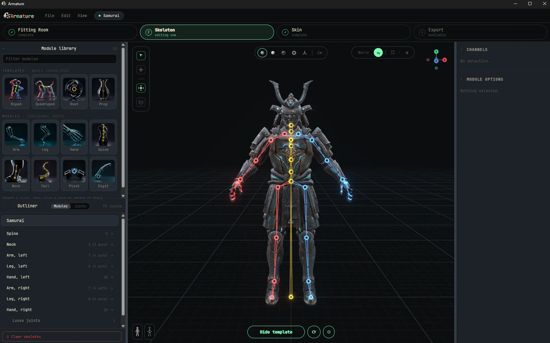 The Skeleton stage in Armature, with a joint chain placed through a samurai character and the module library open