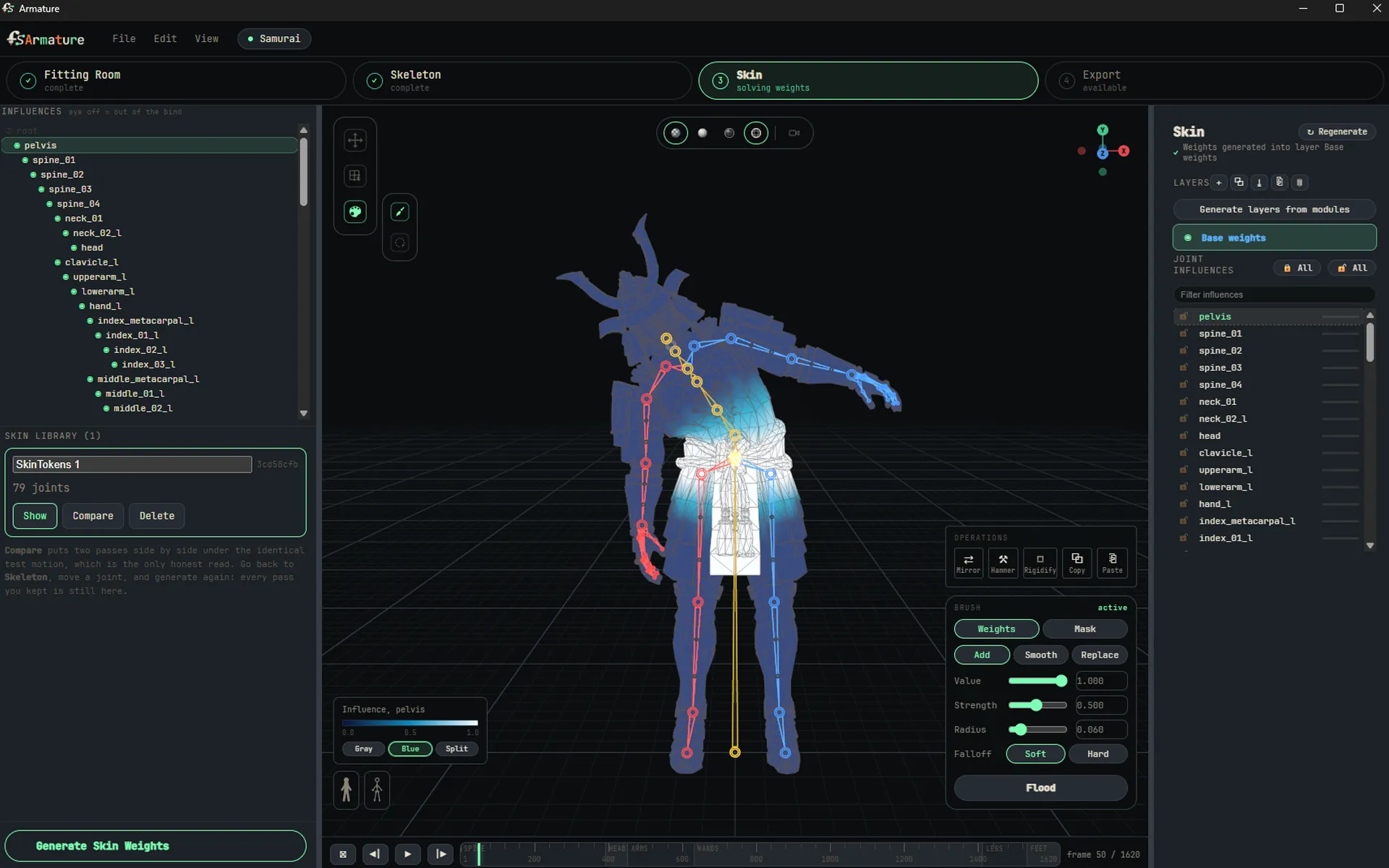 The Skin stage in Armature, showing generated weights on a samurai character with the influence list and weight brush