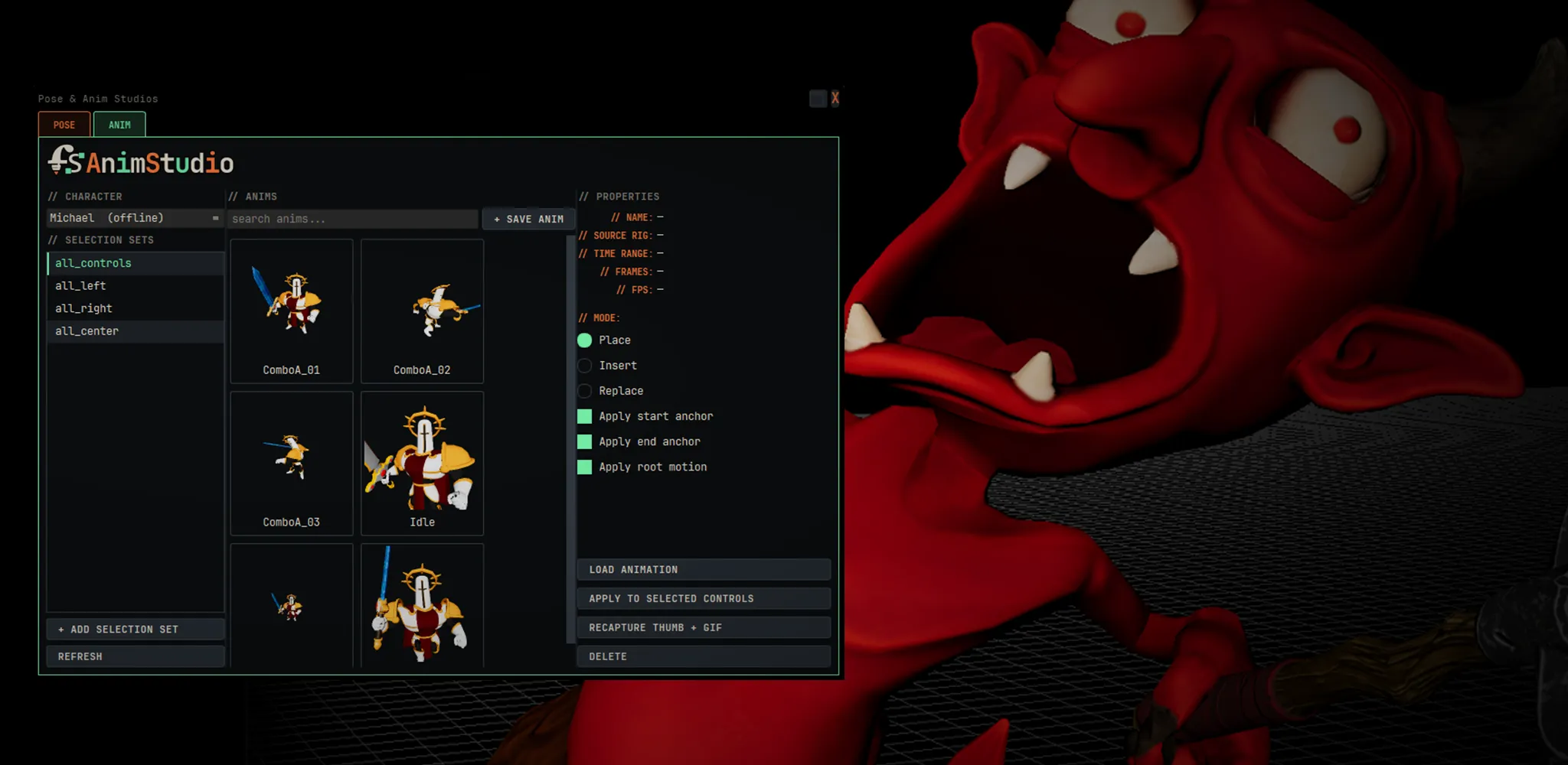 Animation Studio clip library beside a character in Maya